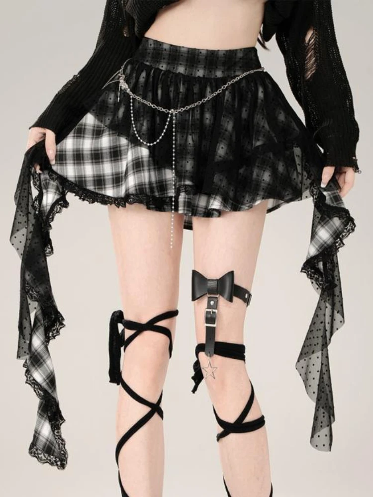 ADAgirl Goth Y2k Plaid Women Skirts Irregular Lace Mesh High Wasit Mini Skirt Gothic Style Punk Dark Aesthetics E-girl Clothes