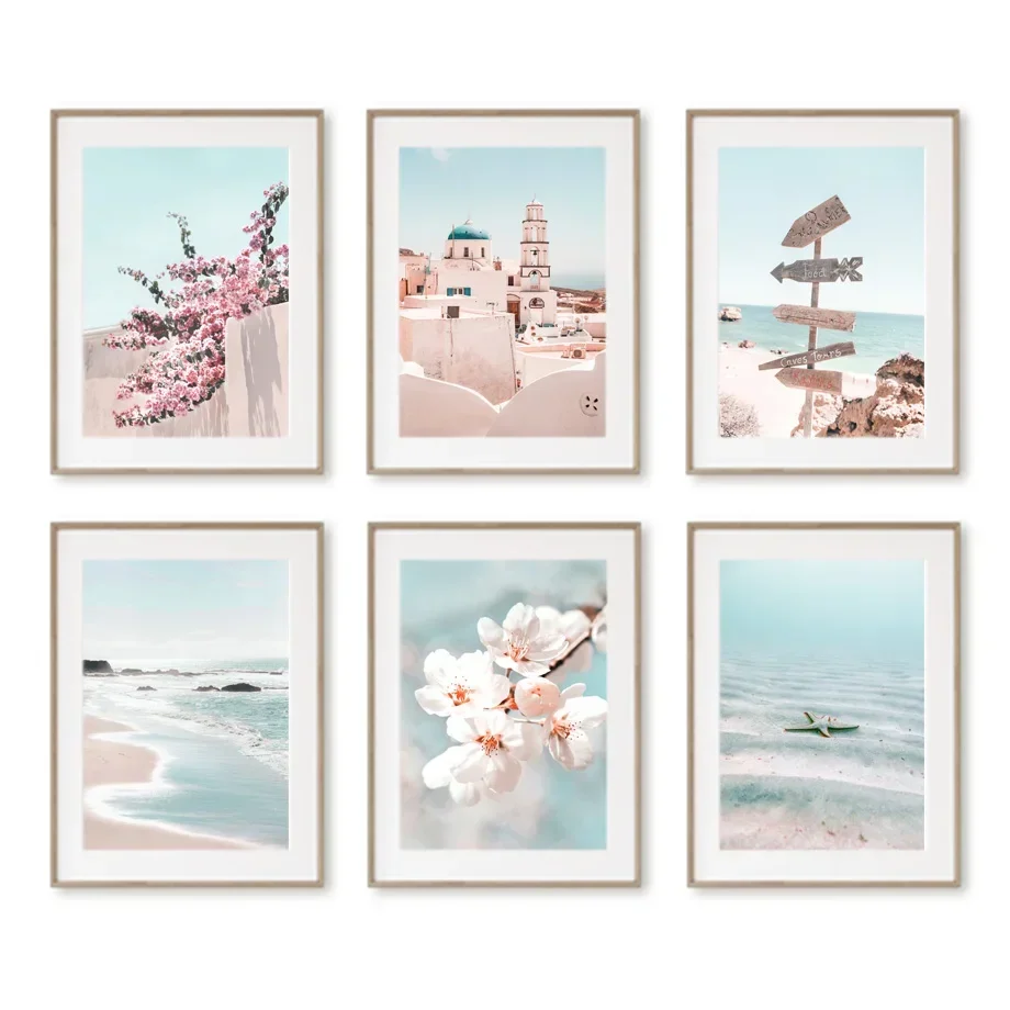 

Beach Aegean Santorini Pink Flower Landscape Picture Wall Art Canvas Painting Nordic Posters And Prints For Living Room Decor