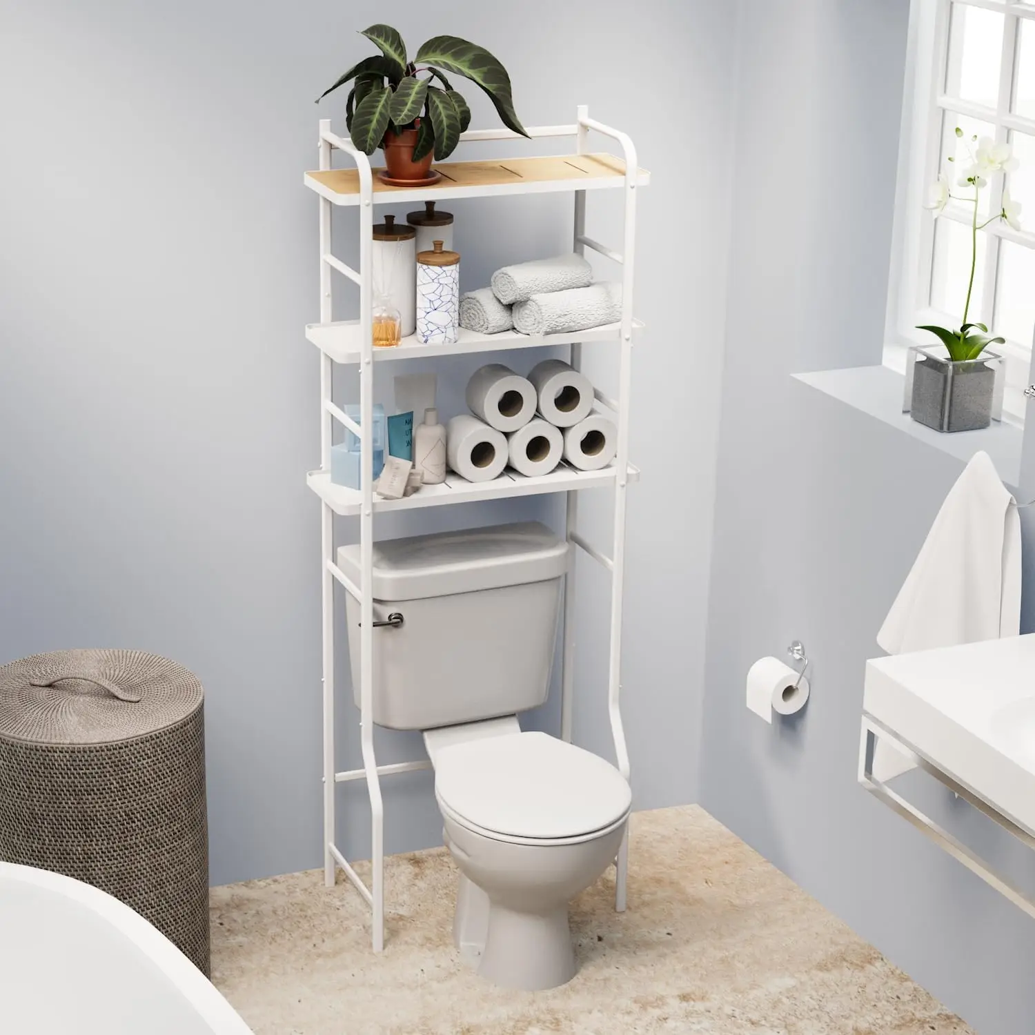 

Over The Toilet Tall Storage Organizer For Your Bathroom, Kitchen, Or Living Room, White Bamboo Accent Shelf
