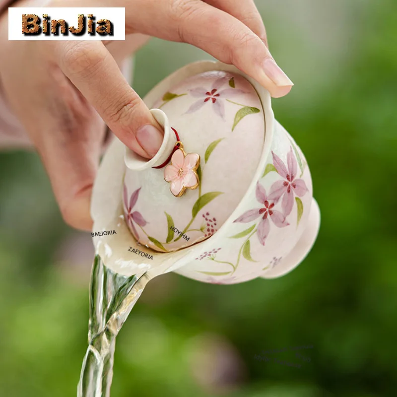 95ml Hand-painted Cherry Blossom Gaiwan Handmade Tea Tureen Tea Bowl With Lid Kit Tea Maker Cover Bowl For Tea Decoration Craft