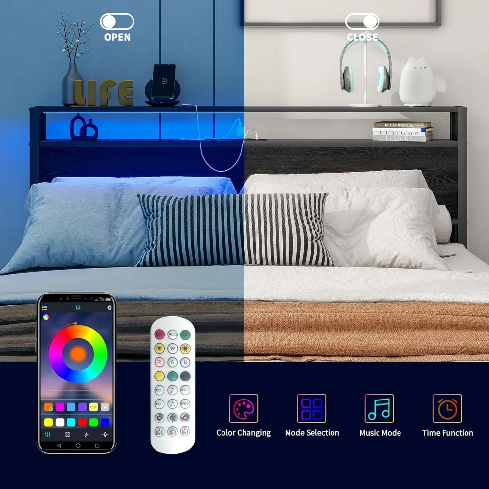 إطار سرير كوين مع لوح أمامي للتخزين/أضواء LED، منصة معدنية مع محطة شحن، لا حاجة إلى صندوق زنبركي، شرائح شديدة التحمل،