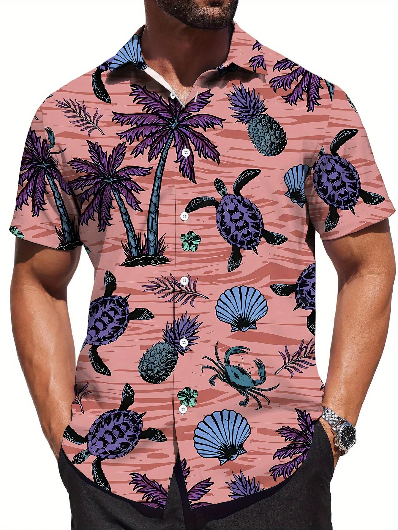 

Men's Bohemian Short Sleeve Shirt - Vibrant Tropical Print with Maracas, Palm Trees & Hibiscus Flowers, Regular Casual Shirt fo