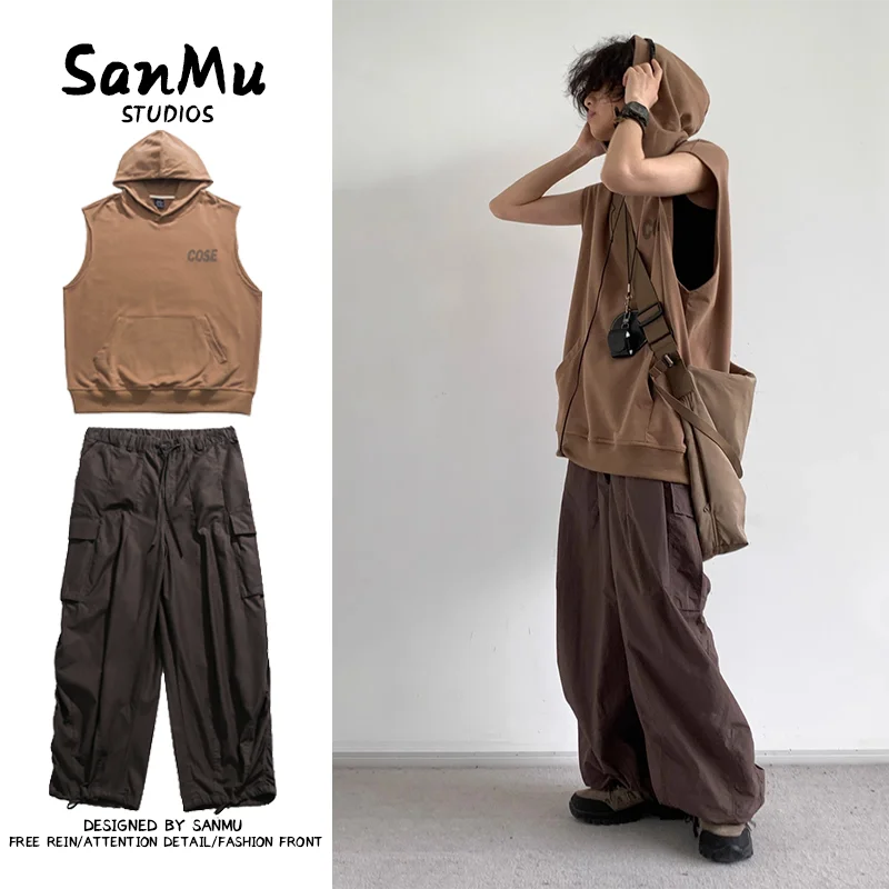 

Two Piece Sets Retro Hooded Sweatshirt Men's Loose Sports Sleeveless Pullover Tops Long Pants Couple's Trousers Set
