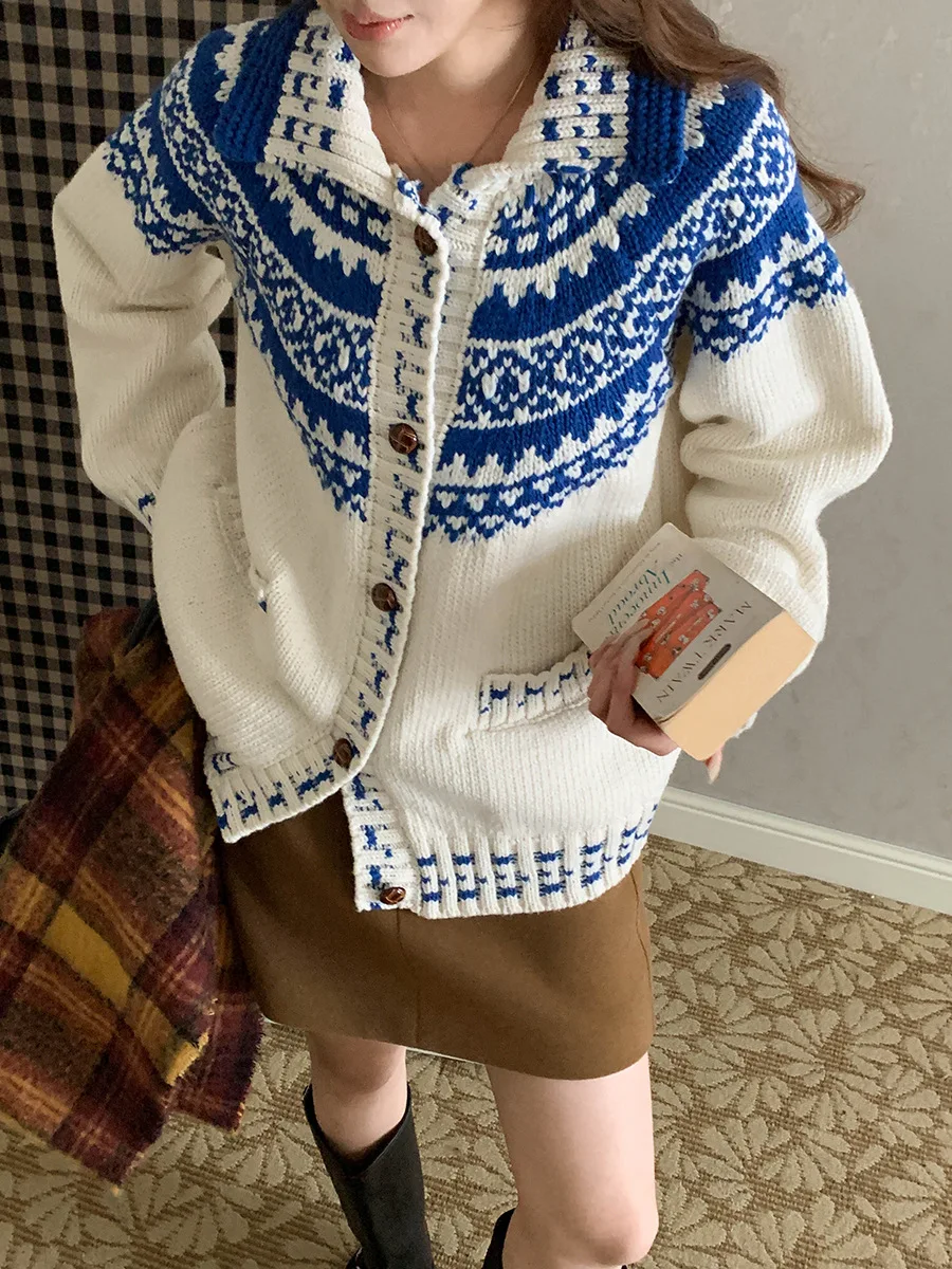 

Вязаный кардиган в винтажном стиле с узором Fair Isle, синий, с цветовыми блоками, жаккард
