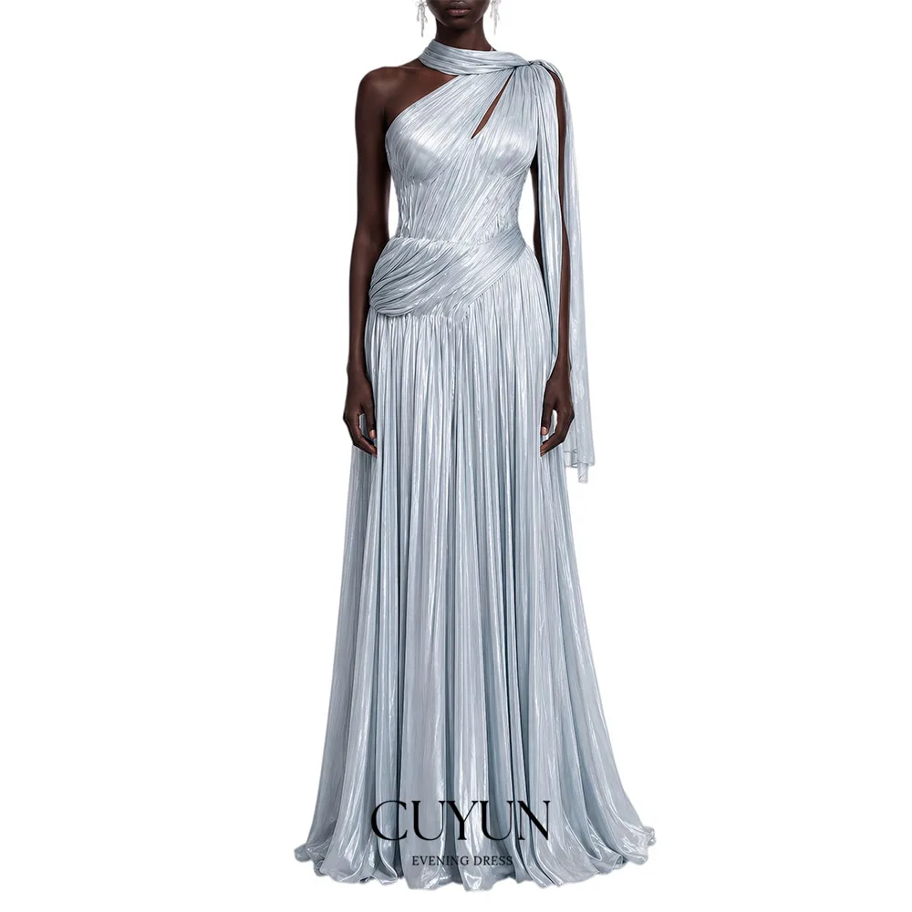 CUYUN Sky Blue Pleat A-line Vintage Evening Gown Dress Halter Sleeveless Back Tie Party Dress Customized Prom Gown