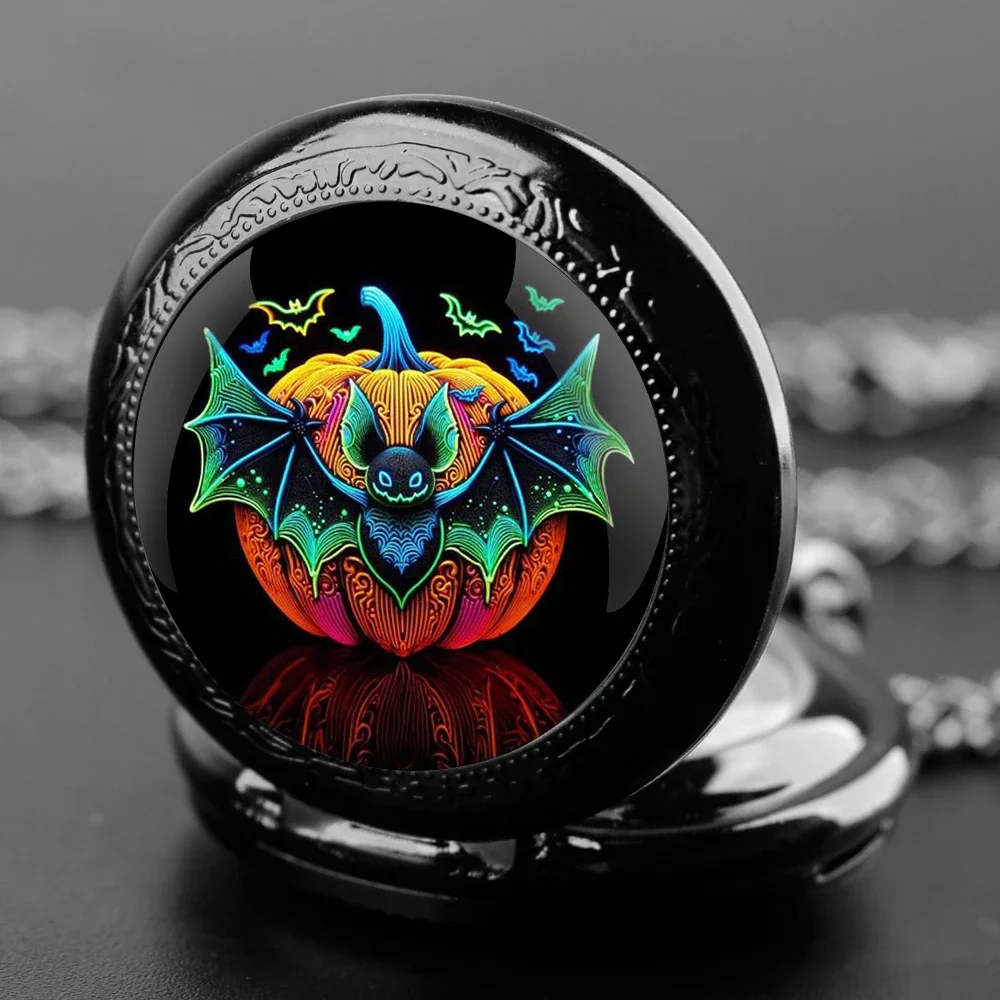 Cartoon Pumpkin Bat Glass Dome Pocket Watch Durable Chain Arabic Dial Perfect Halloween Gift for Kids