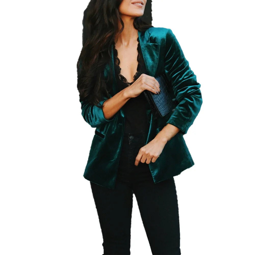 

Long Sleeve Notched Collar Slim Women Blazer Fashion Ladies Streetwear Black Velvet Jacket Femme Spring Solid Coat