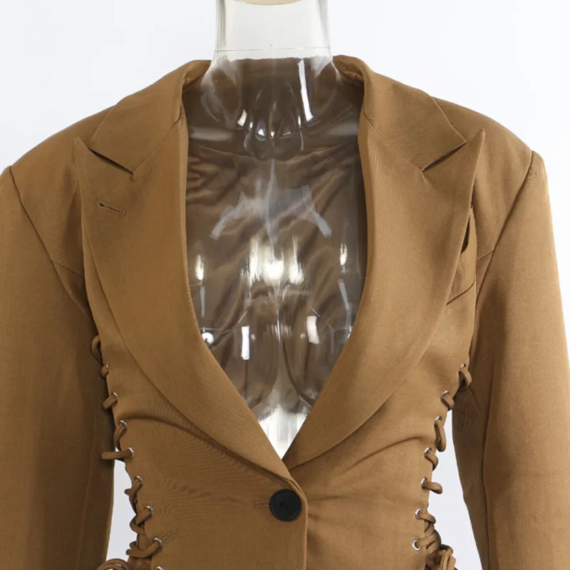 EAEOVNI Fashion Design Blazer Jas Vrouwen Effen Kleur V-hals Lace-up Trekkoord Verzamelde Taille Jas Streetwear 2023 nieuwe