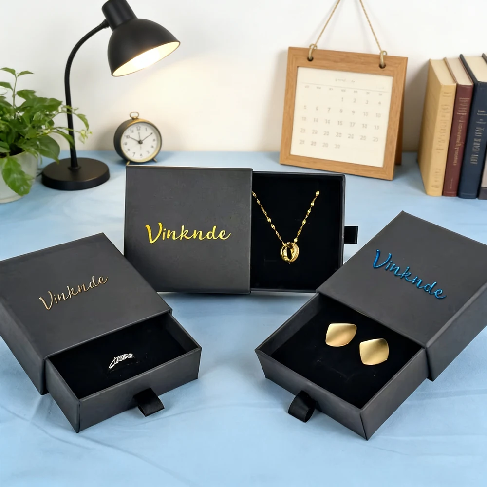 

7x7x2.5cm Black Cardboard Paper Jewellery Gift Packaging Boxes Jewelry Drawer Dust Box for Ring Earrings Necklace Custom Logo