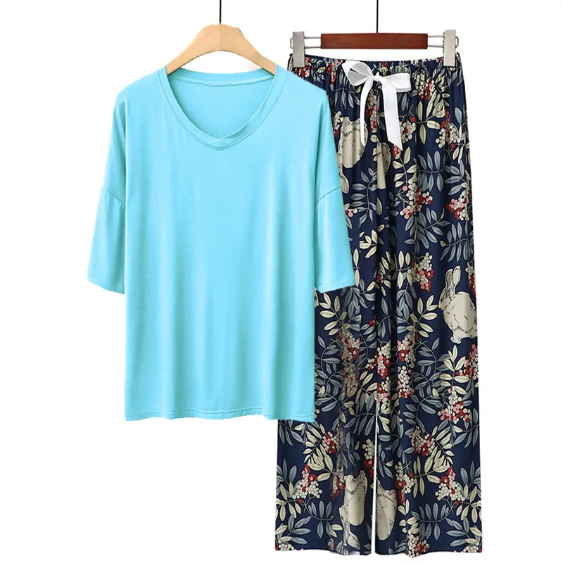 Summer women's pajamas sets Modal short sleeve Tshirts and wide leg pants Hot Casual homewear 2pcs suit lady's loungewear