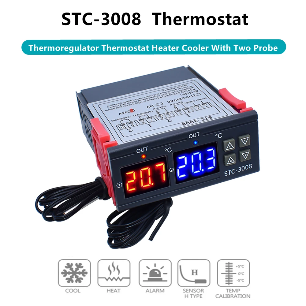 Controlador de Temperatura Digital Duplo Saída de Dois Relés Aquecedor Termostato com Sonda 12v 24v 220v Geladeira Doméstica Calor Frio Stc3008