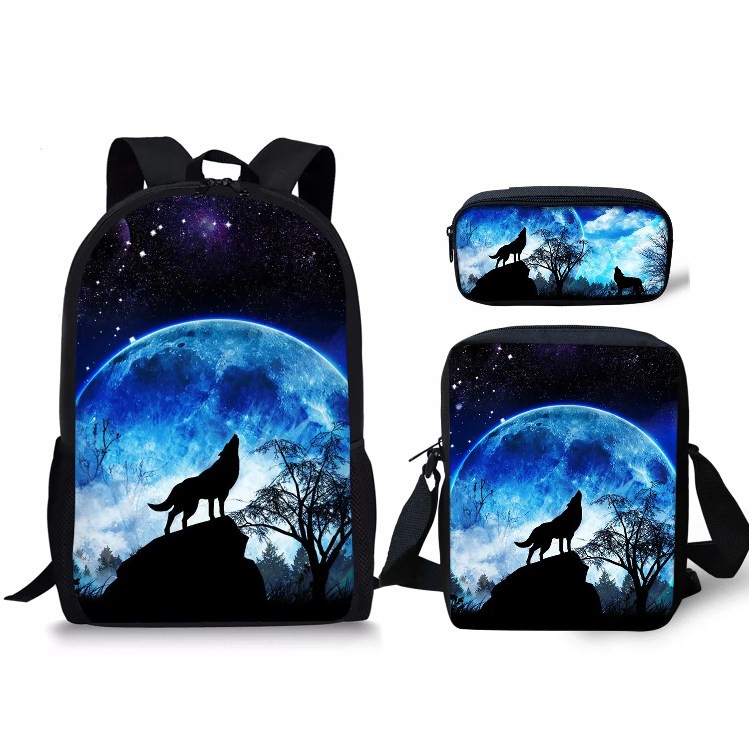 Cool Wolf on The Moon Pattern 3 Set School Bag Lightweight Backpack for Teen Boys Girl Casual School Bag Lunch Bag Pencil Case