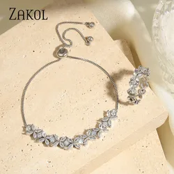 ZAKOL Classic White Marquise Cut Cubic Zircon Ring Bracelets Bangles Flower Bridal Wedding Jewelry Set For Women SP2014