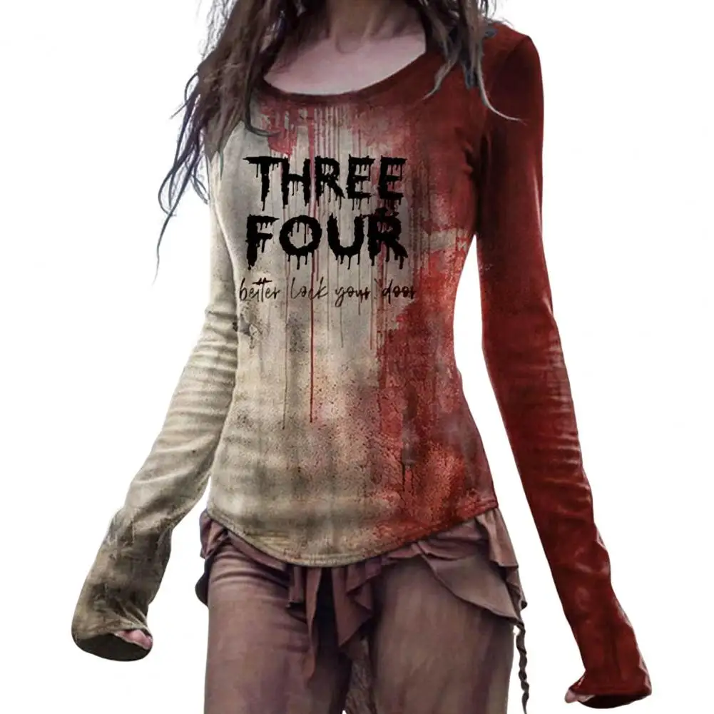 

Blood Print Halloween Shirt Halloween Women's 3d Blood Print Long Sleeve Tee Shirt Horror Sweatshirt Set Slim Fit Stretchy for A