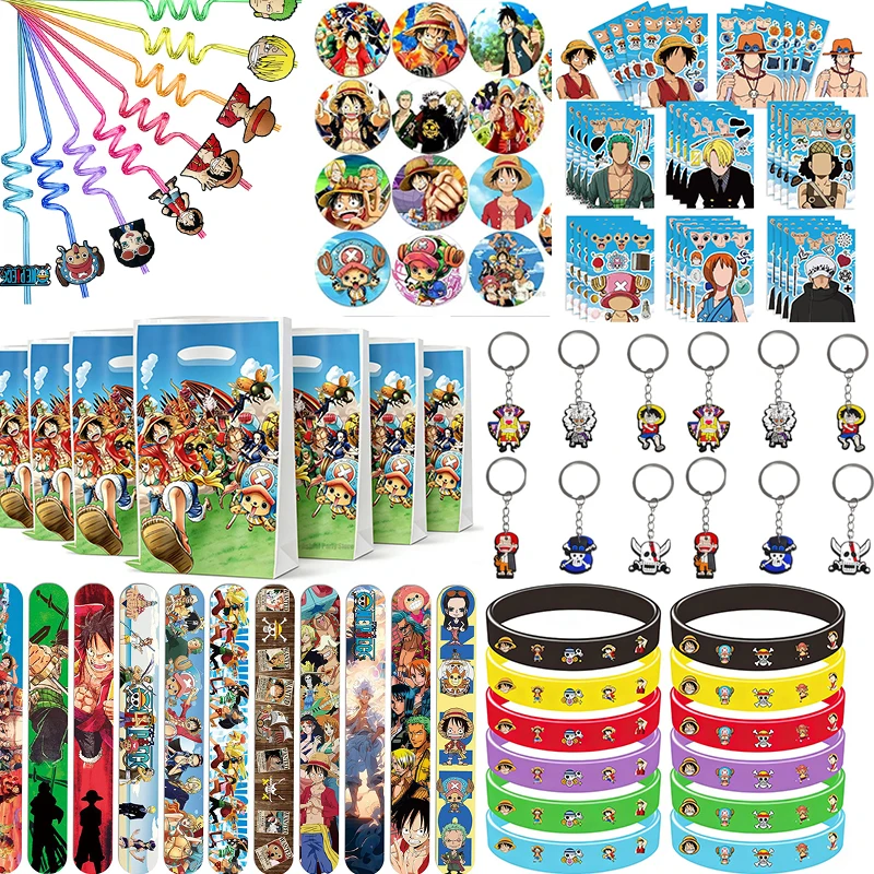 Artículos de recuerdo para fiesta de cumpleaños de One Piece: Pegatinas, llaveros, pulseras, regalos para bolsas de fiesta, relleno para bolsas de regalos y premios para el aula
