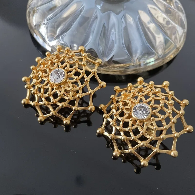 Vintage Gold Hollow Grid Web Crystal Clip On Earrings Big Exaggerated Heavy Craft Women Non Pierced Jewelry