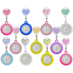 YIJIA Lovely Glitter Powder Heart Retractable Badge Reel Pocket Nurse Watches with Silicone Case and Luminous Pointer