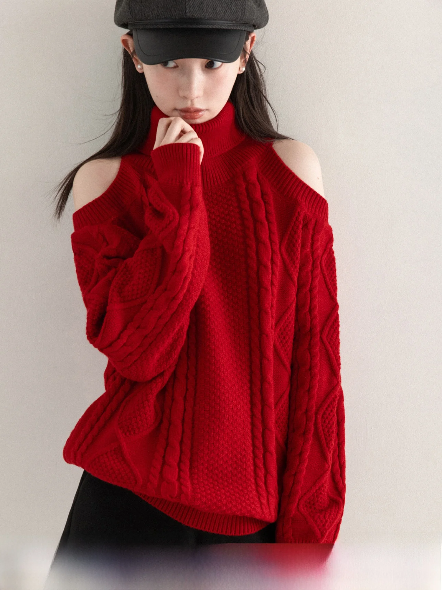 

Женский вязаный свитер с открытыми плечами и высоким воротником, мягкий, удобный, модный, для весны, больших размеров, стройнящий, новогодний, красный, повседневный...