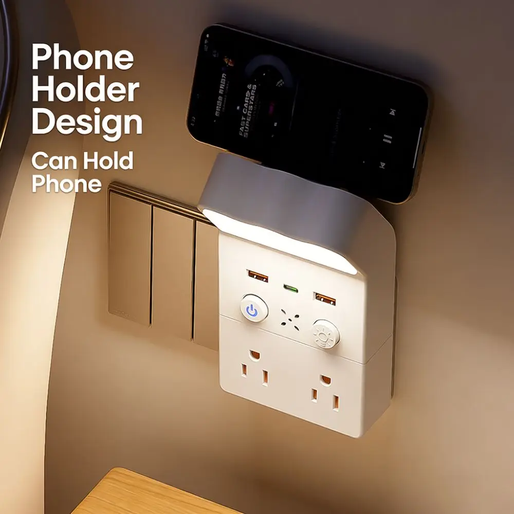 

Universal Socket Night Light Socket Converter Warm White LED 1Type C & 2USB-A Plug in Night Light 3 Level Brightness Adjustable