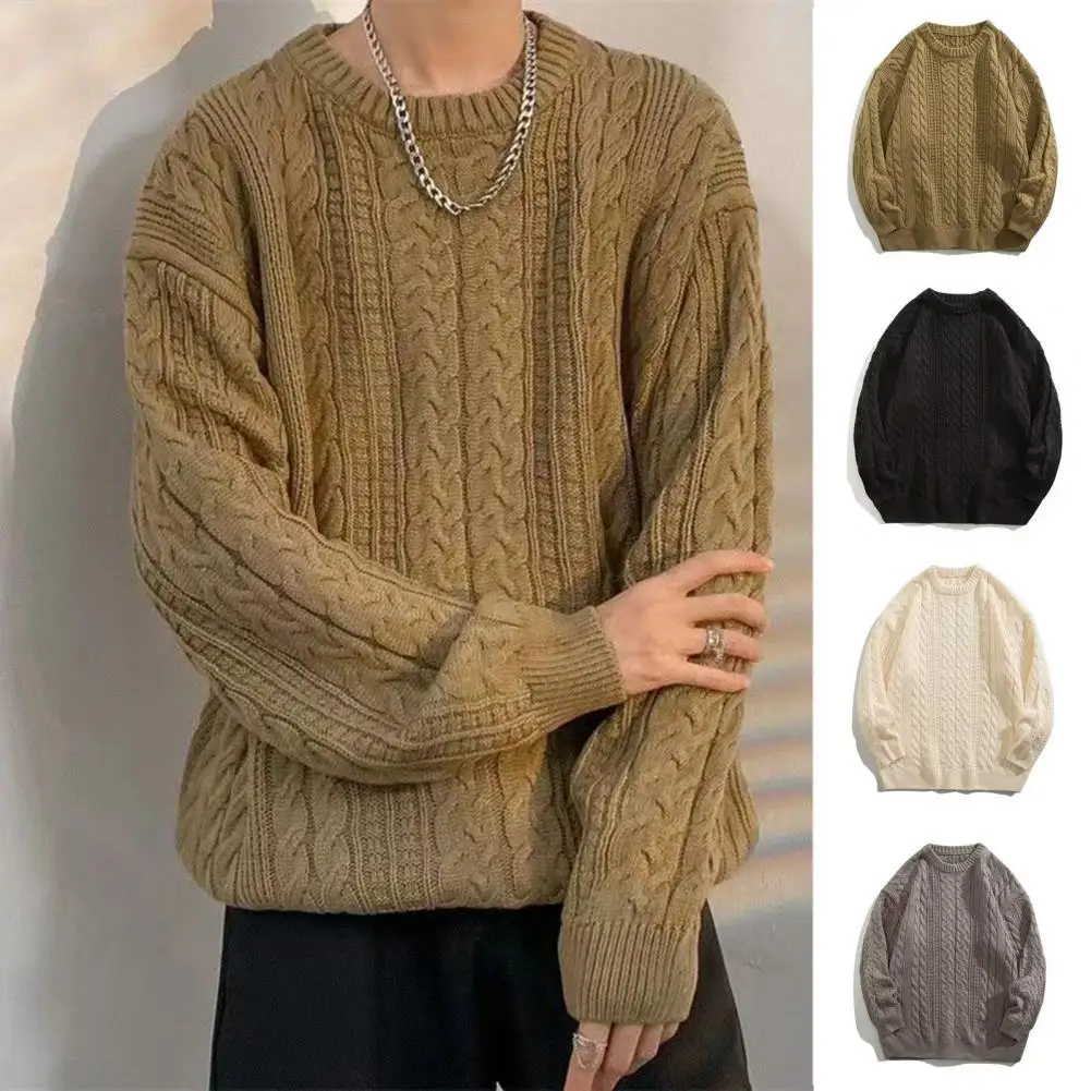 Men Solid Color Sweater Cozy Men's Fall Winter Sweater Collection Loose Twisted Knitted Pullover Soft Warm Round Neck for Days