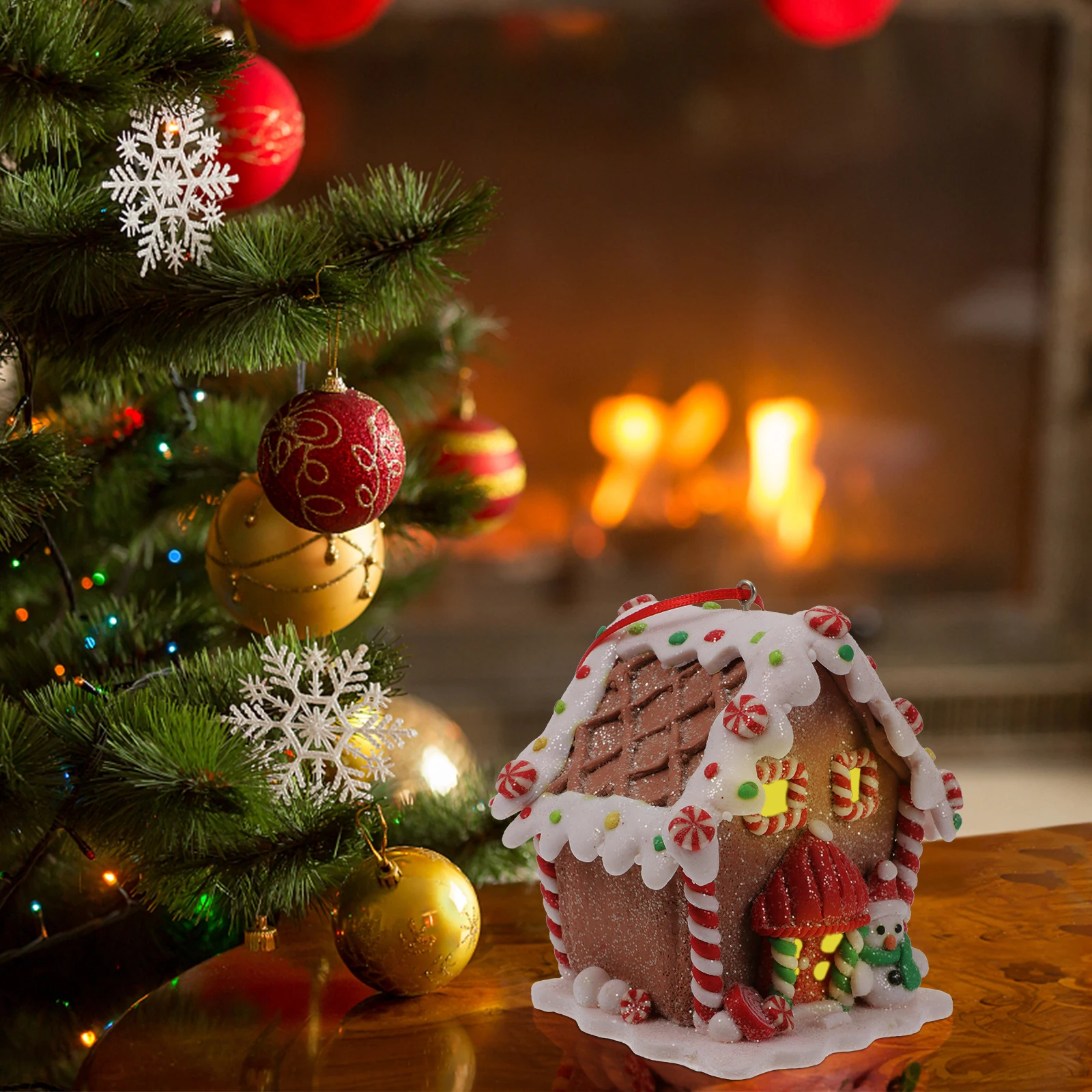 

Glowing Christmas House Gingerbread Decorations Pendant Small Dining Table Clay Hanging Luminous LED Resin Figurines