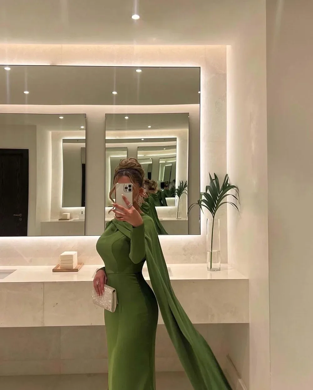 Fnoexw Green Mermaid Evening Dresses Long Sleeves Cape Formal Occasion Dress for Women Saudi Arabic Long Party Prom Gowns Dubai