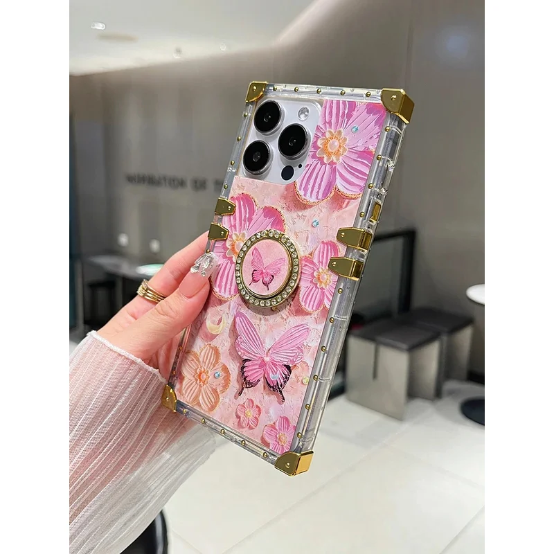 

3D Painting Butterfly Flowers Case for iPhone 16 Pro Max 15 14 13 12 11 XS Finger Ring Stand Protective Funda SM S23 S24 Ultra