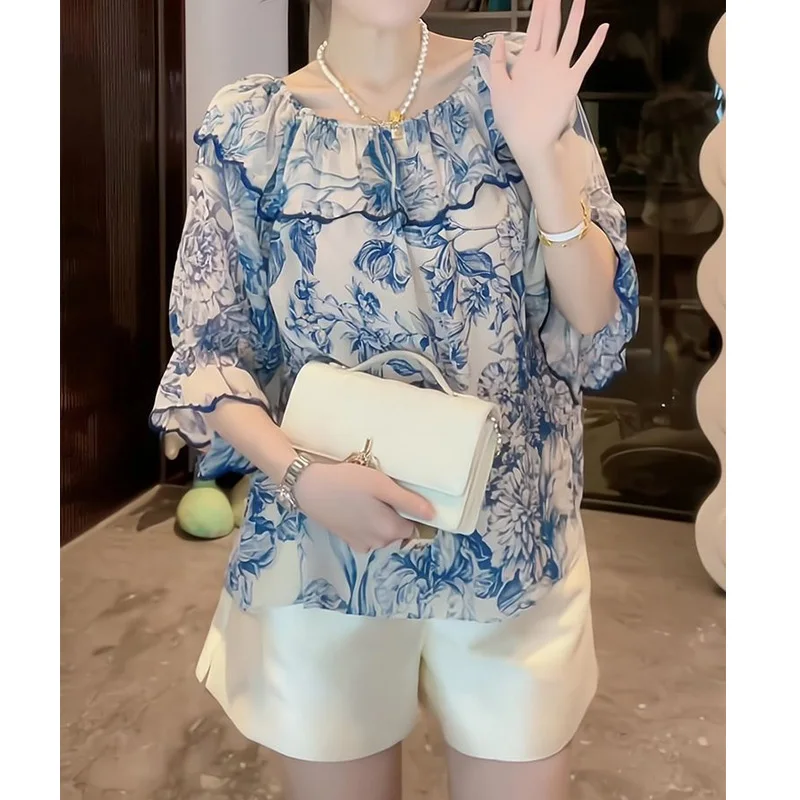 Summer New Temperament Blue Floral Loose Short Sleeve Blouse Thin O-neck Print Fashion Shirt Tops Casual Vintage Women Clothing