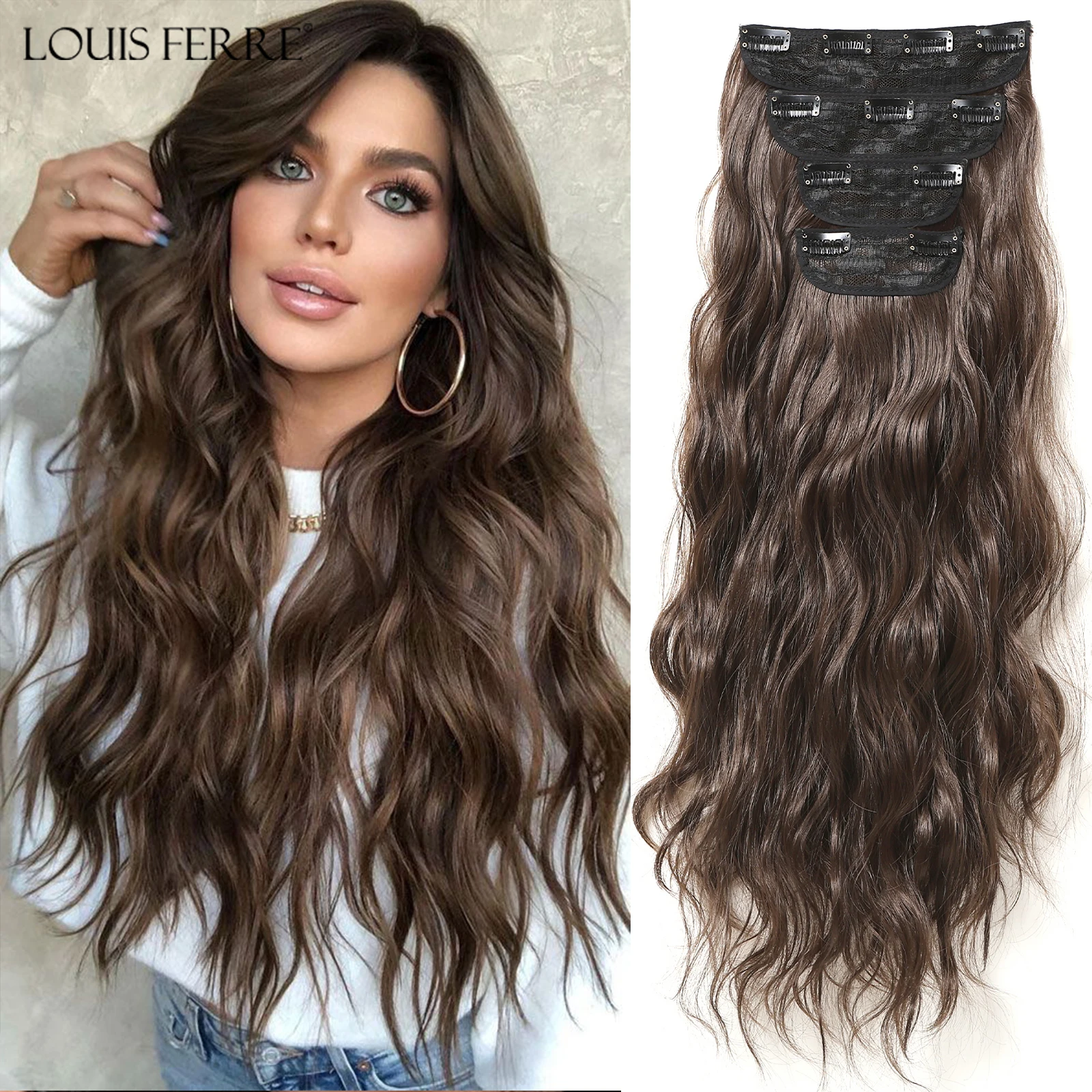 Clip in Hair Extensions 4PCS 22Inch Natural Brown Long Wavy Curly Clip in Extensions for Women  Invisible Seamless Hairpieces