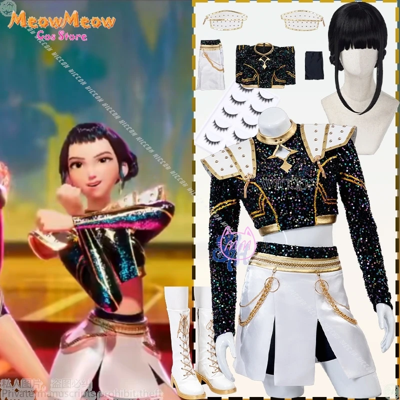 

Huntrix Zoey Kpop Demon Косплей Аниме Для ЗОЛОТЫЙ Сценический Униформа Черное Пальто Белое Мини-Платье Kawaii Jirai Kei Девушки Корея Idol Cos