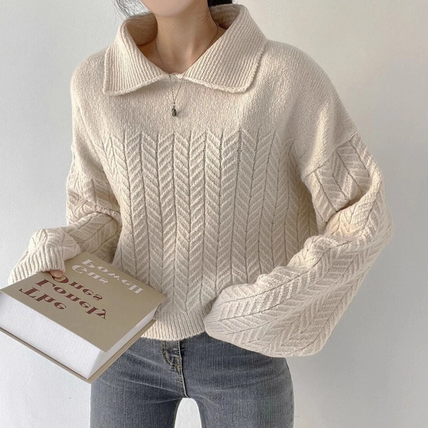 

Women's Loose Fit Crew Ne Knitwear ort Pure Color Sweater Autumn Winter Lazy Sle Casual Flounce Collar Polyester Fiber