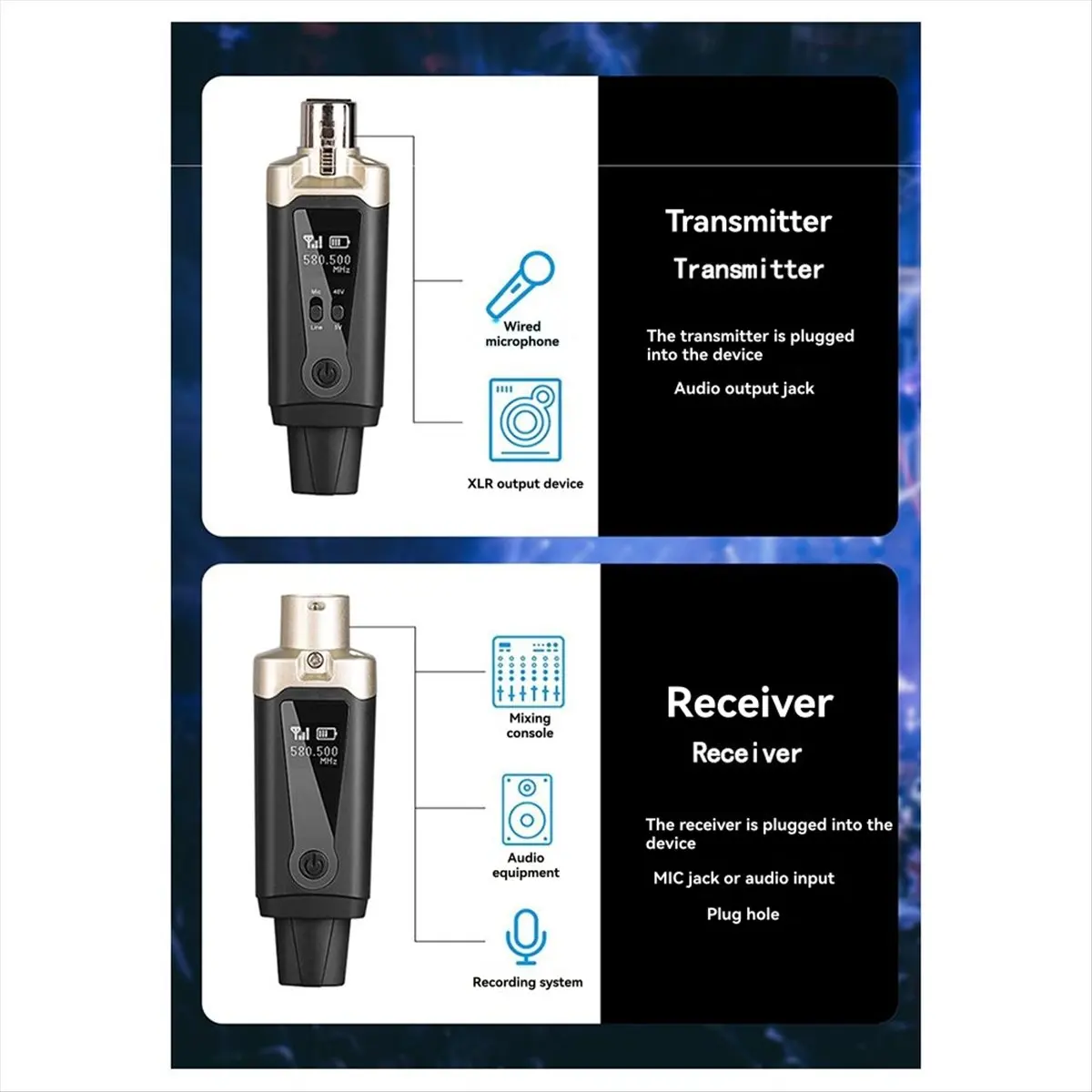 

【AA85】 Беспроводная микрофонная система UHF, беспроводной передатчик, приемник, XLR микрофонный преобразователь, адаптер для конденсаторного динамического микрофона