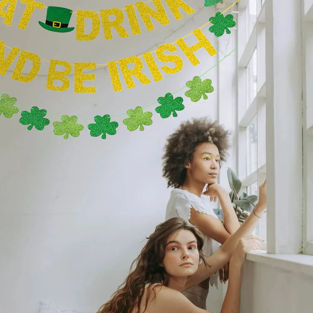 

2 Sets St Patrick's Day Banner Decorative Bunting Party Paper Festival Lucky Charms Reusable Classic Patterns