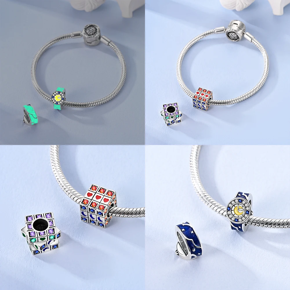 Blue Rotating Magic Cube Star Moon Watch Original 925 Silver Blue Heart Bead Fit Bracelet Women Valentine's Day Gift Jewelry Diy