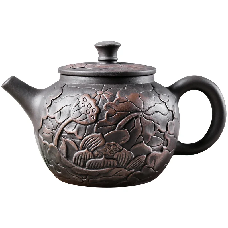 1pc Yixing Tea Pot Purple Clay Teapots Beauty Kettle Black Mud Hand Hand Carved Lotus Illustration Pot Home Handmade Tea Set