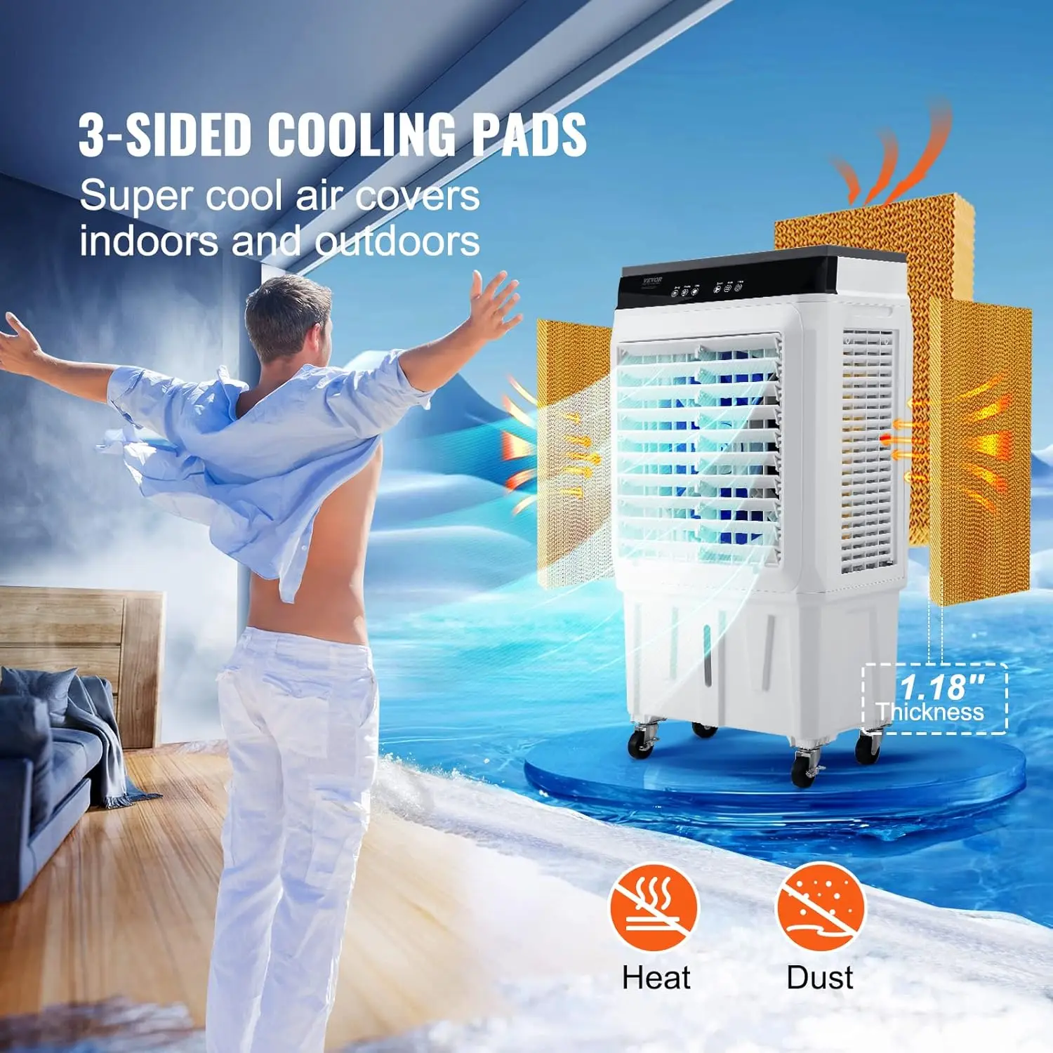 Refroidisseur de marais portable, humidificateur, ventilateur de refroidissement 3 en 1, 120W, 2100CFM, 7 Gal d'eau précieuse, minuterie 12H, 3 modes et vitesses