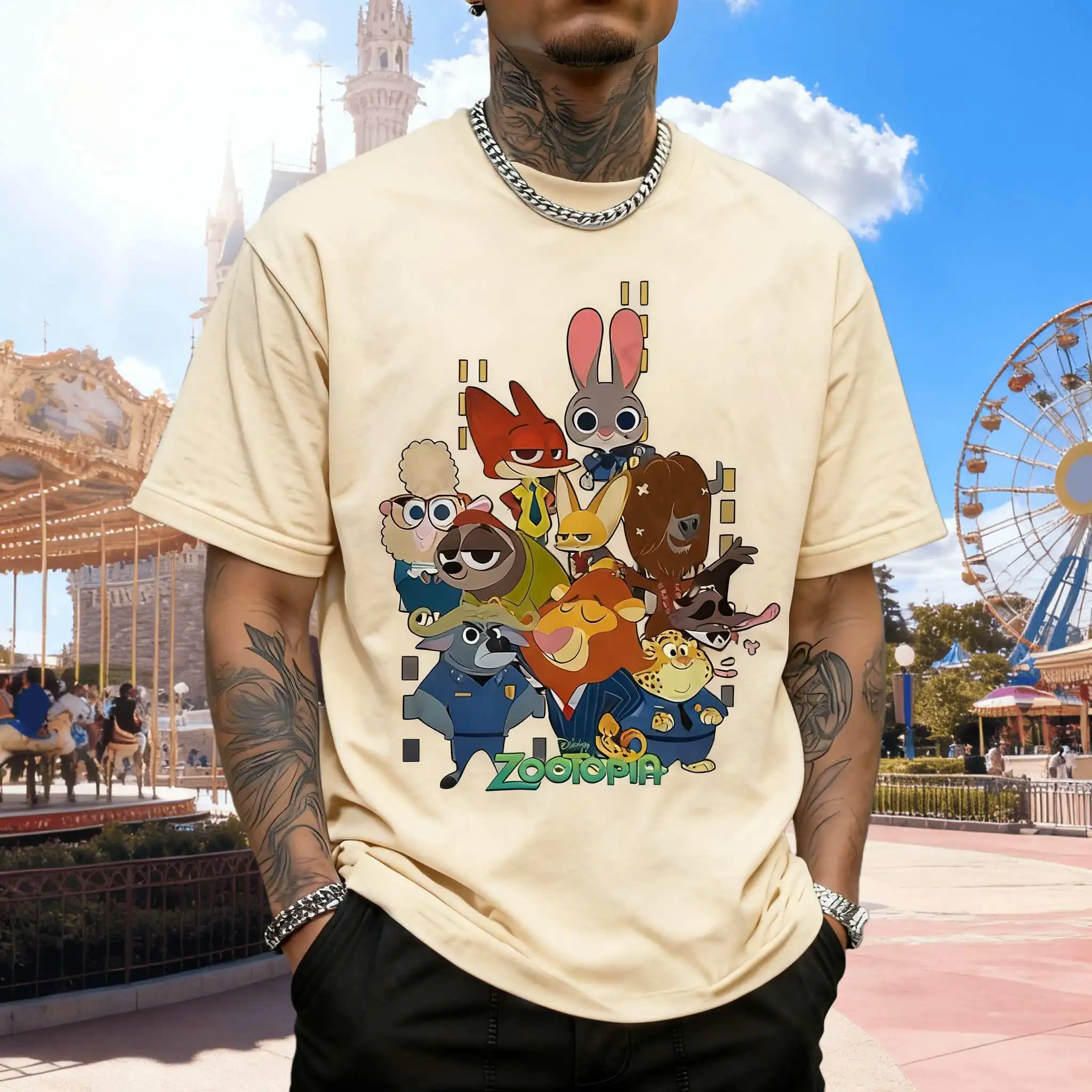 

2025 New Disney Zootopia Cute Print Pure Cotton T-Shirt Casual and Lightweight Unisex Crew Neck Short Sleeve T-Shirt Unisex