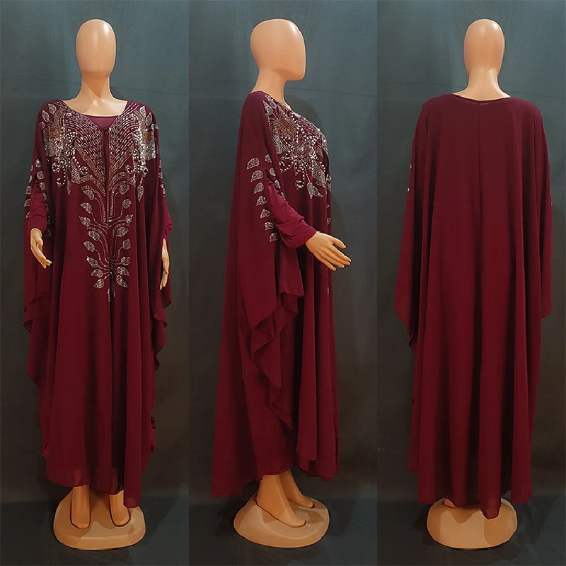 Robe de soirée en mousseline de soie pour femmes, caftan musulman, Abaya, Dubaï turc, robe de soirée élégante, boubou africain, tenue 2 pièces, robe