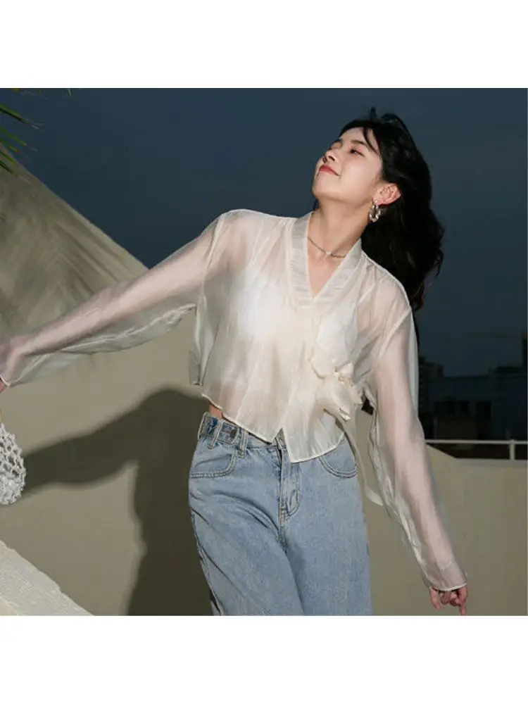 

Spring Summer Hanfu Sle V-Ne Long Sve Translucent Chiffon Open Cardigan Sunade Outerwear Belted Fre Sle Women's ...