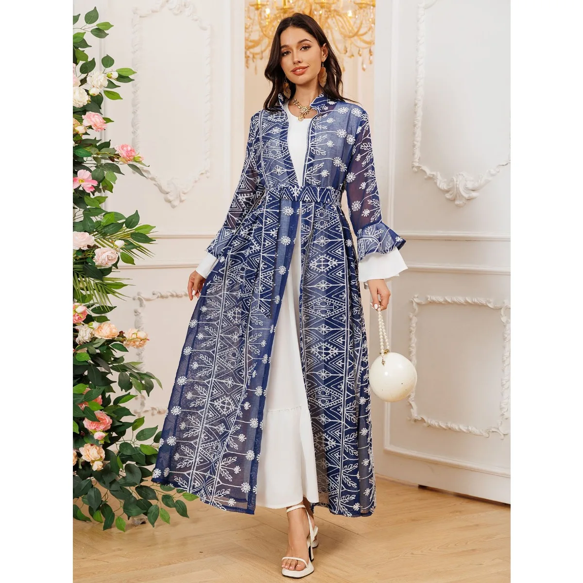 Eid 두바이 플레어 슬리브 자수 롱 드레스 이슬람 패션 카디건 2 조각 여성 가운 모로코 벨트 루스 파티 드레스 세트