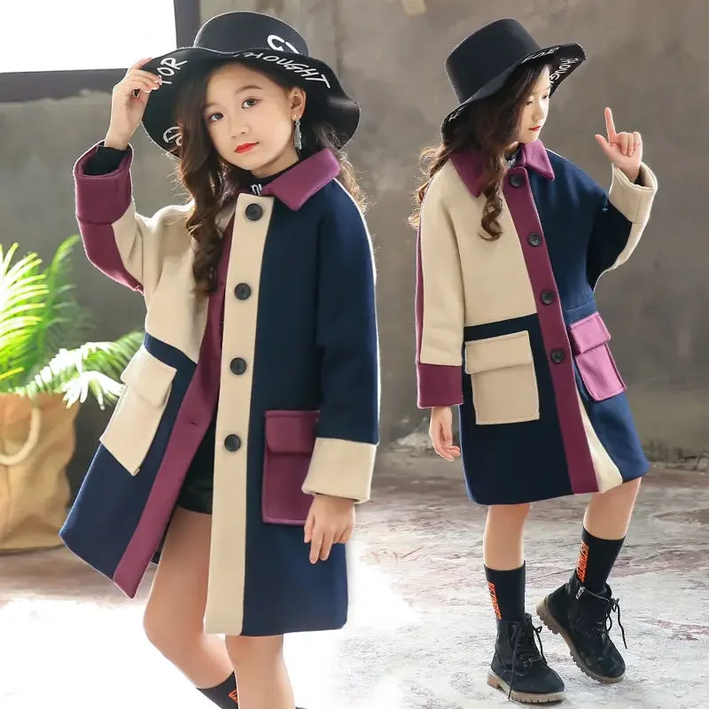 

Kids Teen Girls Woolen Coat Autumn Winter 2023 Korean Patchwork Contrast Color Turndown Collar Single Breasted 5-14 Years Old