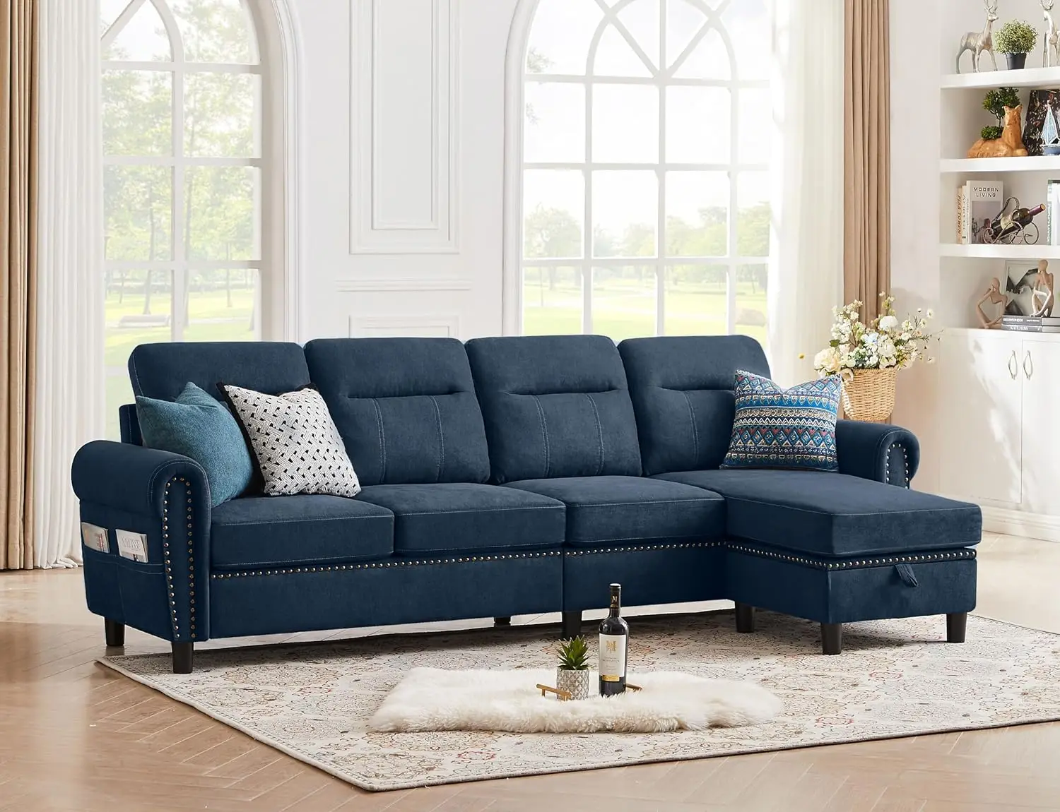 

107" Convertible Sectional Sofa, 4-Seat L Shaped Couch with Storage Chaise and Pocket, Modern Linen Couches for Living Room