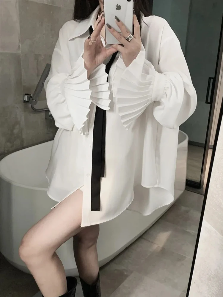 

2025 Summer Minimalist Full Sleeve Women White Long Shirt Turn Down Collar Ruffles Oversize Blouse Button Up Tie Female Clothing
