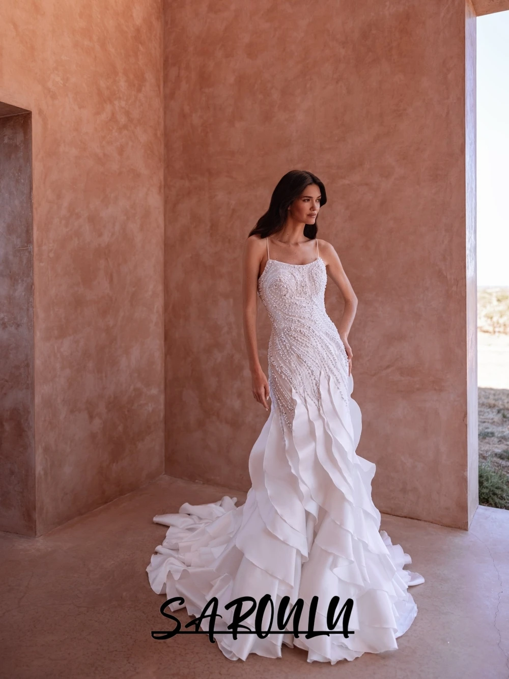 Charming Ruffles Pearls Wedding Dress Luxury Delicate Mermaid Thin Straps Customized Bridal Gown Modern Outdoor Dress For Bride