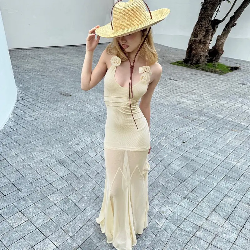 Vestido largo Sexy con apliques florales criptográficos, trajes de moda de verano con cuello Halter y escote pronunciado, vestidos transparentes de malla sin espalda, coqueta