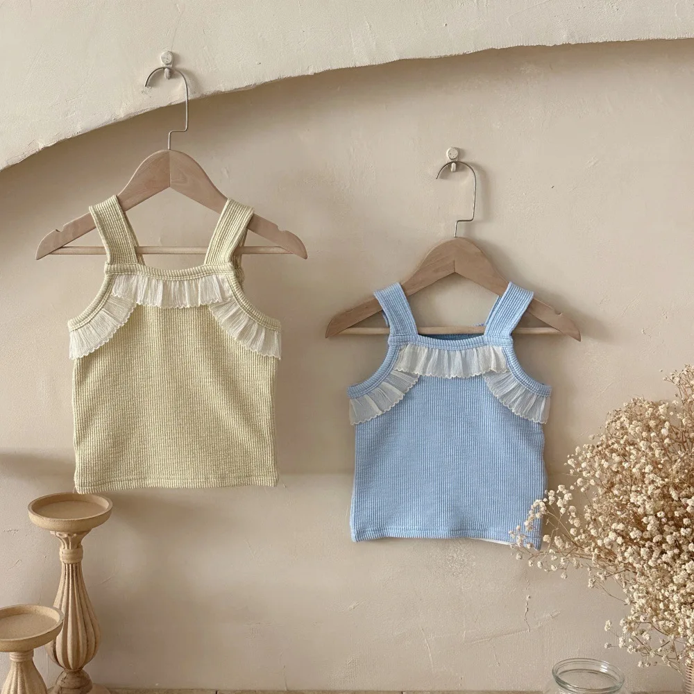 2026 Summer New Baby Girl Sleeveless Lace Vest Sweet Cute Infant Girl Cotton Sling Vest Solid Toddler Tops Children Clothes