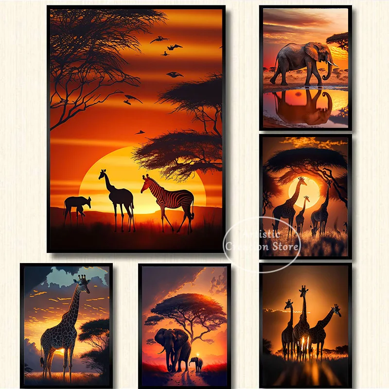 Kenya African Animals Grassland Sunset Scenery Canvas Poster Prints Painting African Art Wall Living Room Bedroom Home Decor