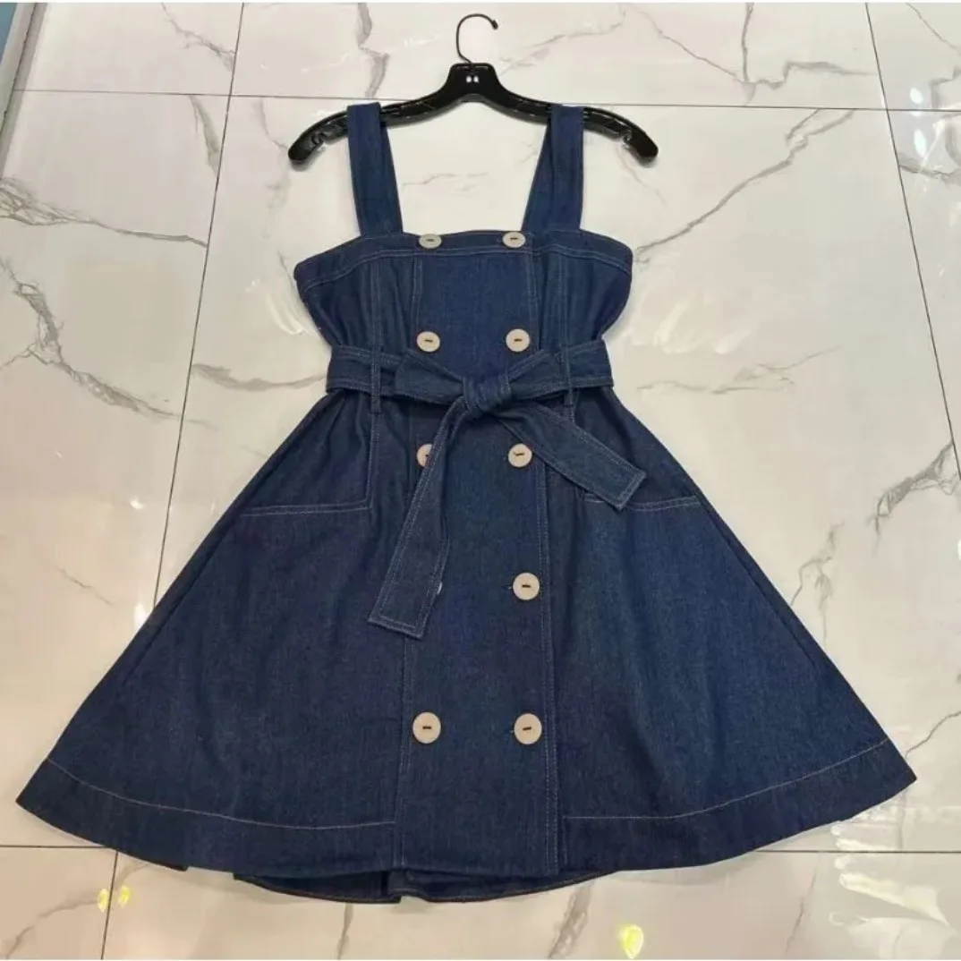 Women's Blue Denim Jeans Sleeveless Mini Dress Chic and Elegant Woman Summer Dresses for Arrivals 2024 New Original