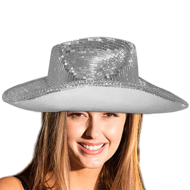 Disco Ball Cowboy Hat Cowboy Caps With Mirrored Glass Jewels Mesh Accents Womens Sun Hat Cowgirl Hats Flashing Blinky Party Hat