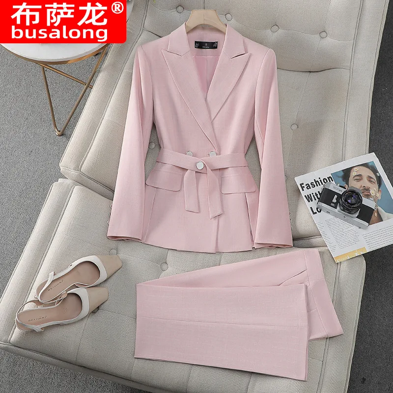 2025New Spring Autumn Winter Pink Small Suit Collar Women Long Sleeve Professional Pants Set Workwear High-end Elegant